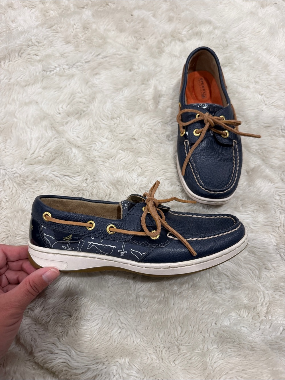 Sperry Navy Leather Boat Shoes loaders with Brown Laces Womanβs Size 6